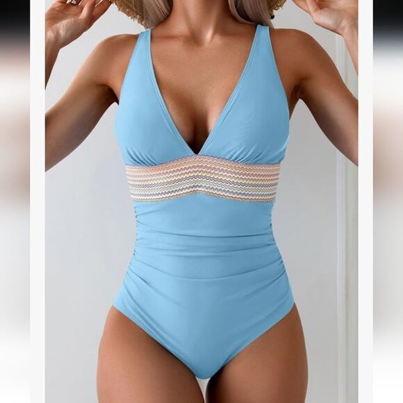 Light Blue One-Piece Swimsuit with Multicolor Waistband - Picture 2 of 6